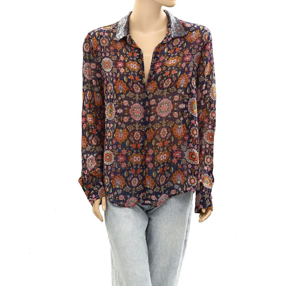 Armand Ventilo Floral Printed Shirt Blouse Top Long Sleeve Sequin M-42 278259